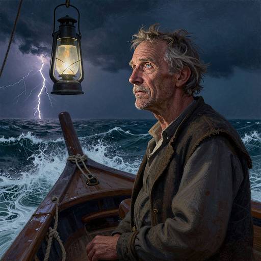 Photorealistic digital art: elderly man with gray hair and beard, wearing a dark jacket, sits in a wooden boat during a stormy night,