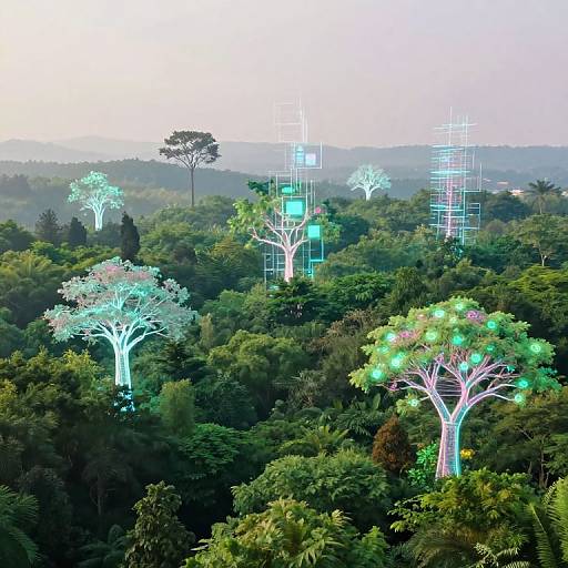 Digital artwork depicting glowing, futuristic trees with neon lights amidst a lush, green forest landscape, towering above dense foliage.
