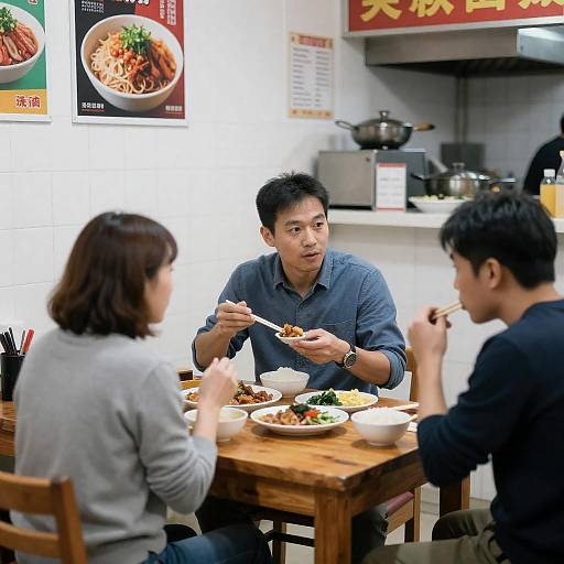Three People Dining in Small Asian Restaurant