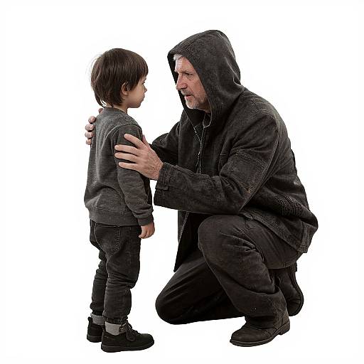 Photograph of a rugged, bearded man in a black hoodie and pants, squatting and gently holding a small child in a gray jacket and black
