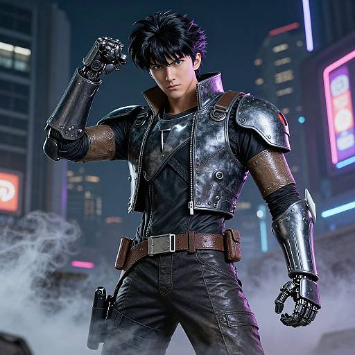 CGI image of a handsome, black-haired man in cyberpunk armor, gripping his mechanical arm, standing in a neon-lit cityscape.
