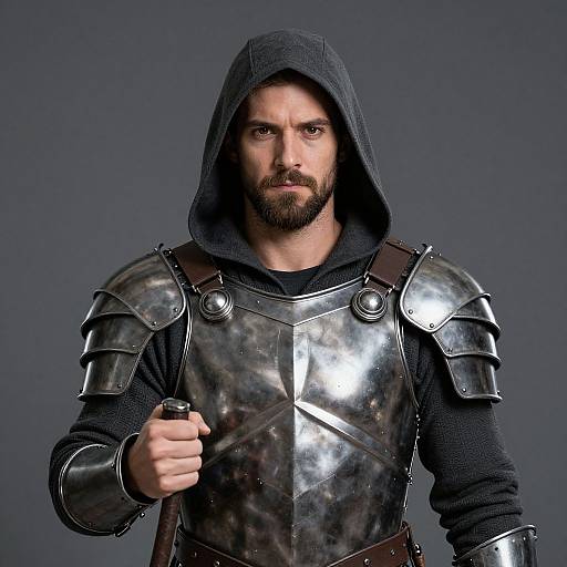 Photograph of a bearded man with intense gaze, wearing silver armor and black hooded cloak, gripping a small object, dark gray background.