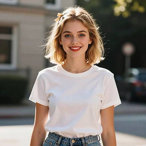 Photograph of a smiling blonde woman with shoulder-length hair, wearing a white t-shirt and blue jeans, standing outdoors in bright sunlight.