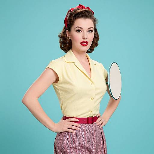 Retro-styled woman with red hairband, yellow blouse, red belt, and checkered skirt, holding a mirror against a bright blue background.