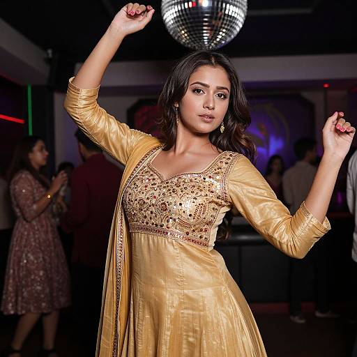 Photograph of a confident South Asian woman dancing in a gold, intricately embroidered dress, arms raised, under a sparkling disco ball, surrounded by dim