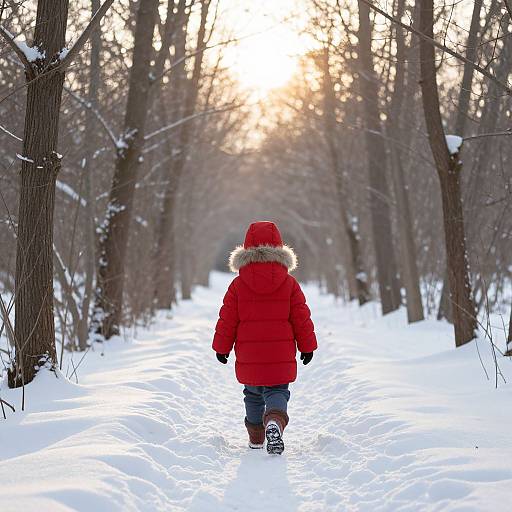 Photograph of a child in a red puffer jacket, blue pants, and brown boots, walking away down a snowy forest path with trees on both
