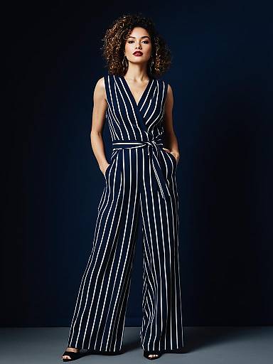 Woman in Sleeveless Striped Wide-Leg Jumpsuit