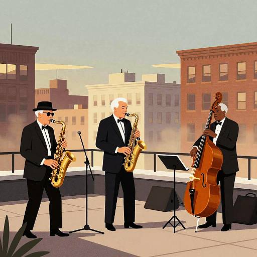 Mid-Century Rooftop Jazz Quartet at Dusk