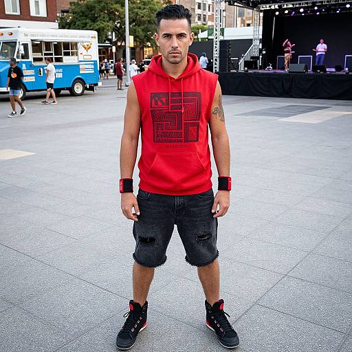 Photograph of a fit man with short dark hair, wearing a red sleeveless hoodie, black shorts, black sneakers, and a black wristband,