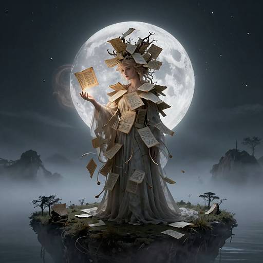 Digital art of a mystical woman with a moon halo, wearing a dress of floating papers, standing on a floating island at night.