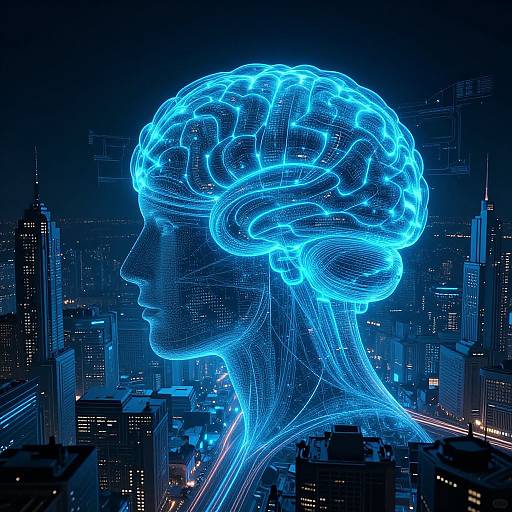 Neon-blue wireframe of a woman's head over a nighttime cityscape, highlighting skyscrapers with illuminated windows and street lights. Digital art.