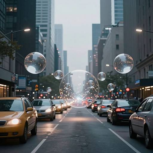 Floating Light Spheres Above City Street