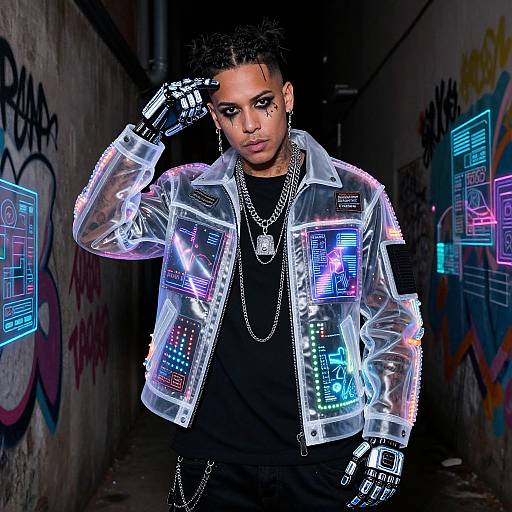 Photograph of a Black woman with braided hair, wearing a neon-lit, transparent jacket, black shirt, and gloves, standing in a graffiti