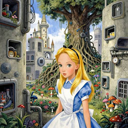 Digital painting of a blonde Alice in blue and white dress, surrounded by steampunk-style buildings, oversized mushrooms, and a giant tree, with a