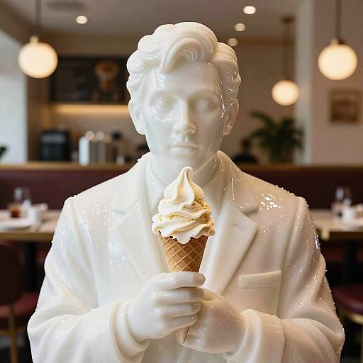 Ice Cream Sculpture Holding Cone in Restaurant