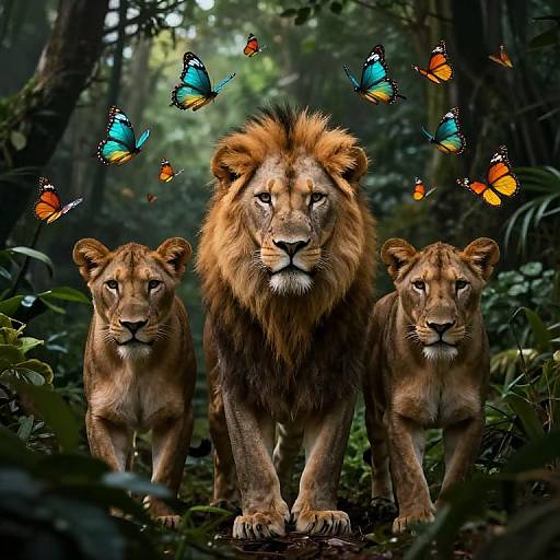 Photograph of three lions in a lush forest, with vibrant orange and blue butterflies fluttering above them, creating a magical atmosphere.