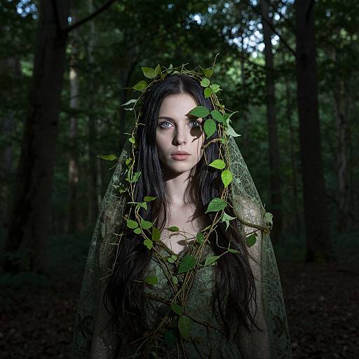 Photograph of a pale, dark-haired woman with green leafy crown and veil, standing in a dark, dense forest, illuminated by moonlight.
