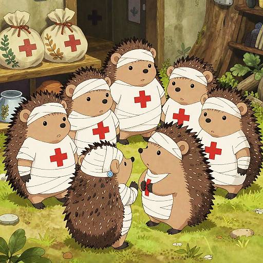 Cartoon illustration of six cute hedgehogs dressed in white bandages with red crosses, standing in a sunlit grassy area beside a wooden shed