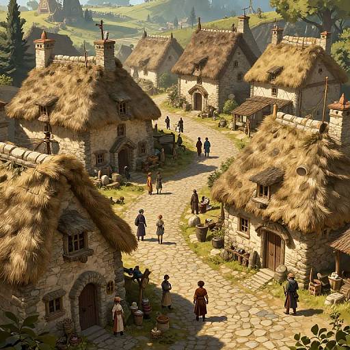 Digital painting of a sunlit, medieval village with thatched-roof cottages, cobblestone path, villagers in period clothing, and lush green