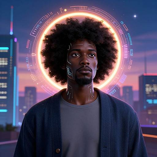 Photorealistic digital art of a serious Black man with an afro, neon halo, and futuristic cityscape background at sunset.