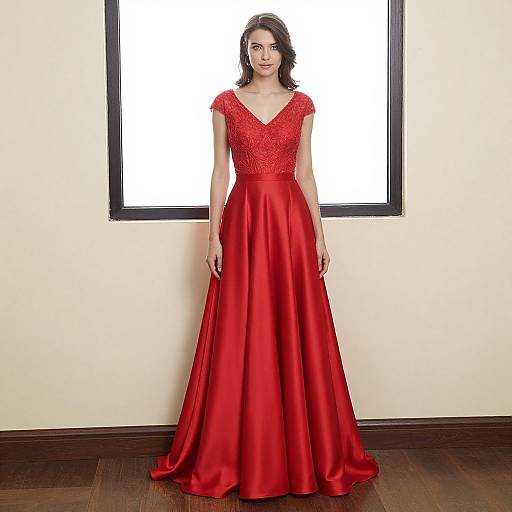 Photograph of a woman with dark hair in a red, V-neck, lace-embellished ball gown standing against a white wall with a black