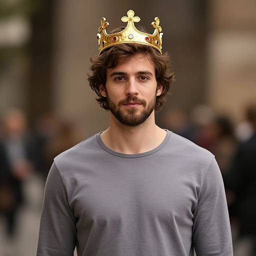 Photograph of a bearded man with wavy brown hair wearing a gold crown and gray shirt, standing outdoors against a blurred urban background.