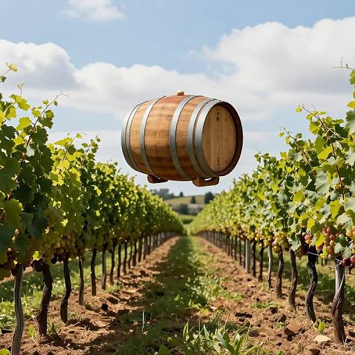 Levitating Wine Barrels Above Vineyard