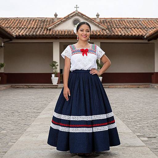 Photograph of a smiling Latina woman in traditional white lace blouse with red bow, and black lace skirt with white and red stripes, standing on cobble