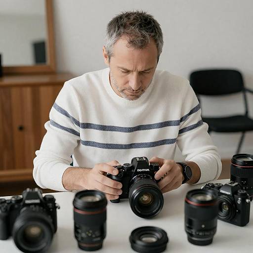Focused Man Assembling Camera Gear
