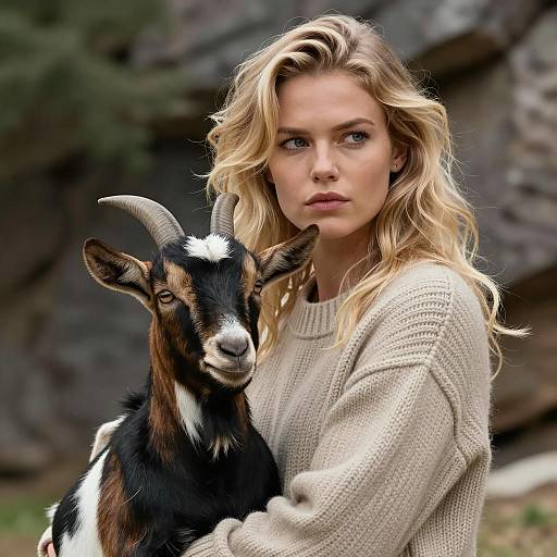 Serious Blonde Woman with Goat Portrait