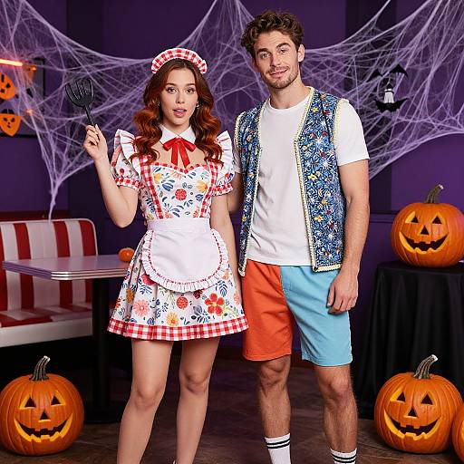 Photograph of a curly-haired man in a blue floral vest and orange shorts, standing with a red-haired woman in a Halloween-themed maid outfit, holding