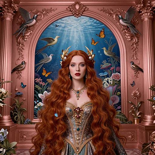 Digital art: Red-haired fairy queen with long curls, ornate gown, golden crown, surrounded by birds and butterflies, in a pink, arch-fr