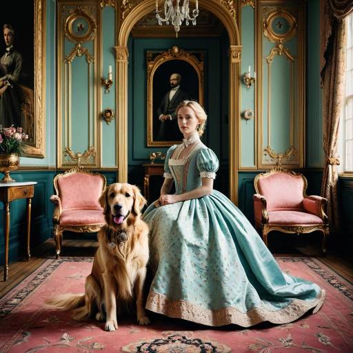 Victorian Lady and Golden Retriever in Ornate Ballroom
