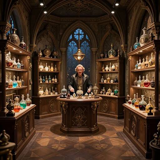 Photograph of a smiling, blonde man in a dark suit standing behind a wooden alchemy lab table, surrounded by illuminated shelves of colorful potions in a