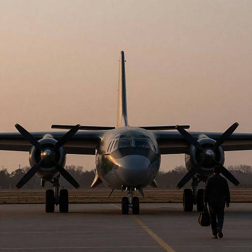 Silhouetted Figure Near Military Aircraft