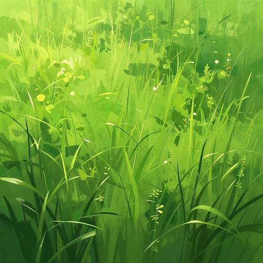 Digital artwork of a vibrant green meadow with sunlight filtering through tall grass and small yellow flowers, creating a serene, sunlit atmosphere.