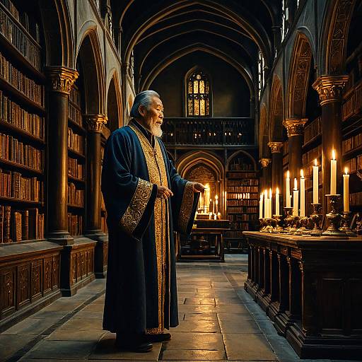 Elderly Asian Man in Medieval Library with Candlelight