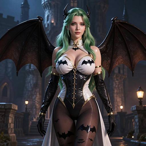 Digital artwork of a green-haired, green-eyed, busty vampire woman with black bat wings, black and gold corset, and stockings, standing in a