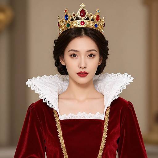 Digital illustration of a fair-skinned, dark-haired woman with red lips, wearing a gold crown, red velvet dress with white lace collar, and gold