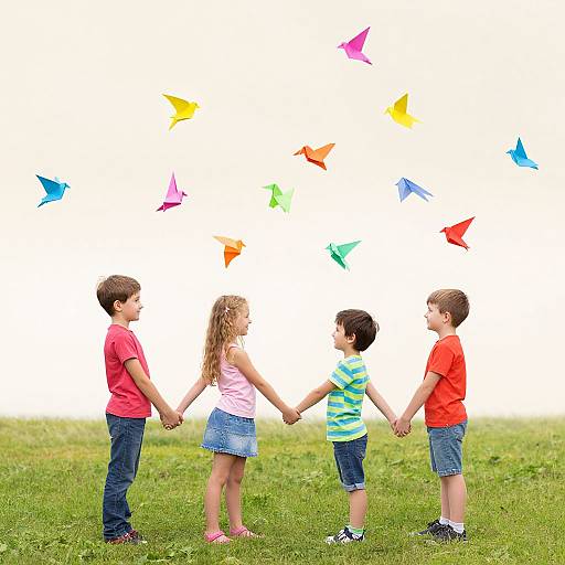 Photograph of four children holding hands, standing on grass, releasing colorful paper kites into a white sky. Children wear casual clothes: red shirt,