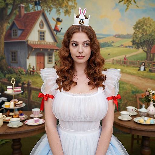 Photograph of a fair-skinned woman with curly brown hair in a white, puffed-sleeve, red-ribboned dress, bunny head