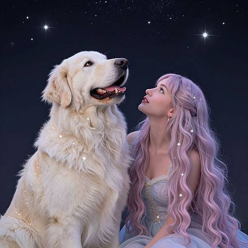 Digital illustration of a white Golden Retriever and a fair-skinned woman with long, wavy lavender hair, gazing at each other under a