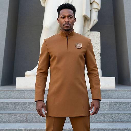 Photograph of a Black man with short curly hair, wearing a brown long-sleeve traditional outfit, standing in front of a white marble statue on