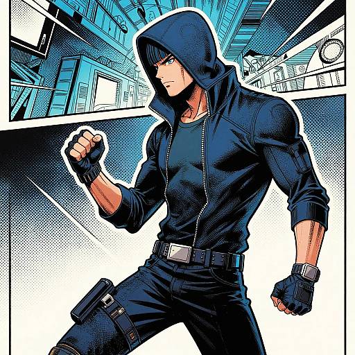 Digital comic-style drawing of a muscular, hoodie-wearing man with a clenched fist, blue and white color palette, cityscape background, and tactical