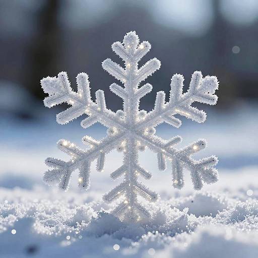 Close-up photograph of a glowing, intricately detailed snowflake standing on a snowy surface, with a blurred, icy blue background.