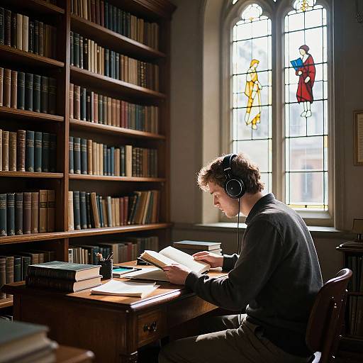 Photograph of a young man with curly brown hair, wearing headphones, studying at a wooden desk in a sunlit library, surrounded by bookshelves