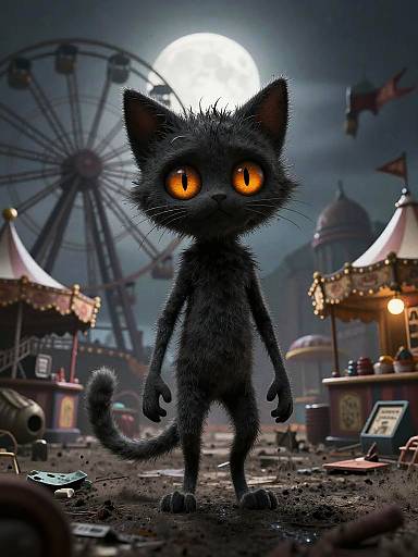 CGI illustration of a tall, black, furry cat with glowing orange eyes standing in a dark, carnival night scene under a full moon. Ferris