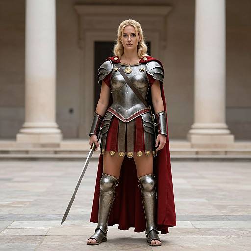Blonde warrior woman in silver armor, red cape, and leather sandals stands confidently with sword, in front of ancient stone pillars.