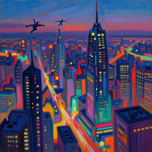 Vibrant digital painting of a neon-lit cityscape at twilight, featuring flying helicopters, glowing skyscrapers, and colorful, illuminated streets.