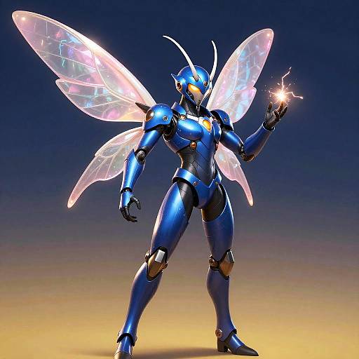Digital CGI image of a blue, humanoid insect warrior with glowing wings, holding a spark in its right hand, standing against a gradient blue to yellow background
